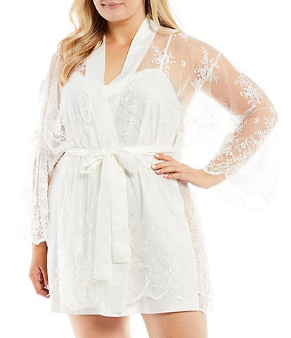 Rya Collection Plus Size Lace Short Wrap Banded Collar 3/4 Sleeve Robe