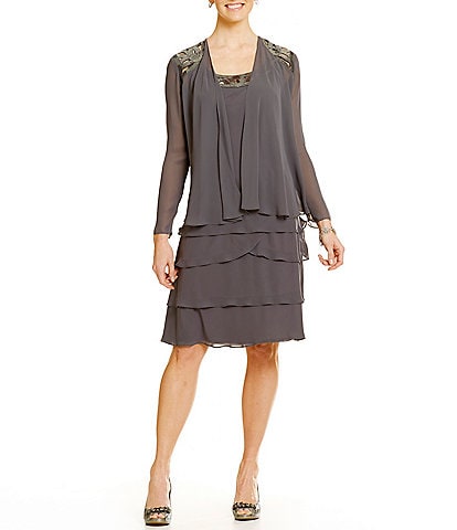 Ignite Evenings Sequin Detail Scoop Neck Long Sleeve Chiffon Tiered 2-Piece Jacket Dress