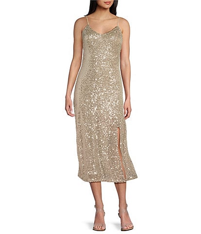 Sadie & Sage Celebration Front Slit Sequin Midi Dress