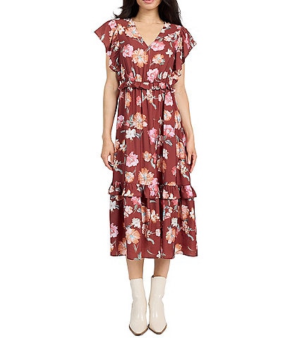 Sadie & Sage Floral Wine Tiered Midi Dress