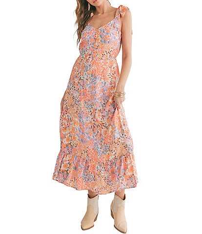 Sadie & Sage Moonscape Woven V-Neck Tie Strap Button Front A-Line Tiered Midi Dress
