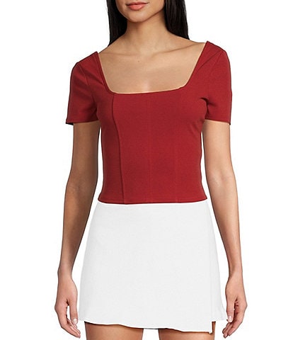 Sadie & Sage Short Sleeve Square Neck By My Side Seamed Knit Top