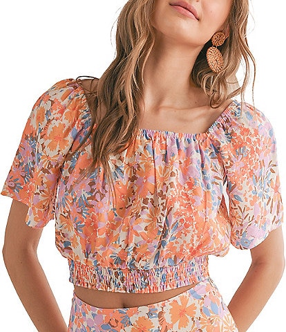Sadie & Sage Woven Coordinating Moonscape Square Neck Smocked Short Sleeve Cropped Top