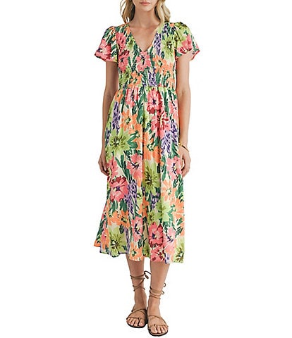 Sage The Label Festivities Smocked Floral Print V-Neck Short Sleeve Midi Dress