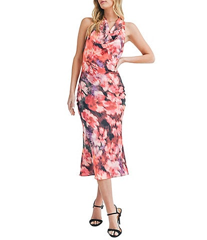 Sage The Label Independent Floral Abstract Print Cowl Neck Sleeveless Midi Dress