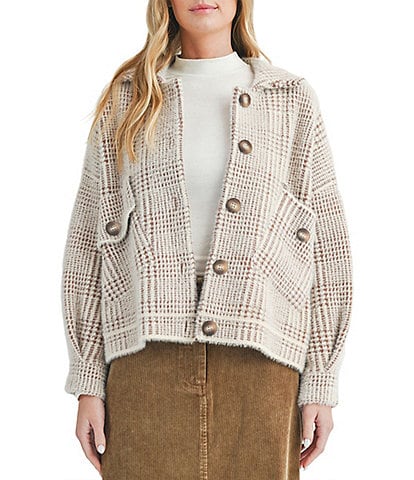 Sage The Label Lola Plaid Notch Collar Neck Long Sleeve Button Front Sweater Jacket