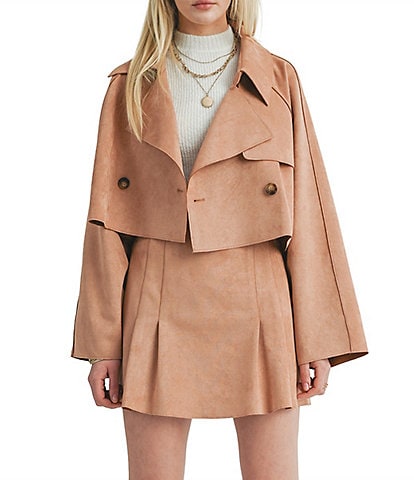 Sage The Label Nurture Vegan Suede Notch Collar Neck Long Sleeve Cropped Trench Coat