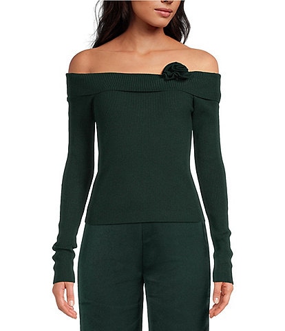 Sage The Label Off-The-Shoulder Neck Long Sleeve Rosette Sweater Top