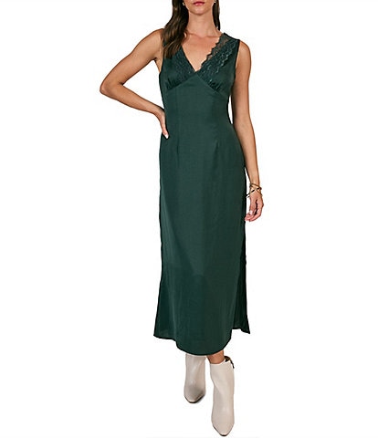 Sage The Label Write Poetry Satin V Neck Sleeveless Lace Trim Maxi Dress