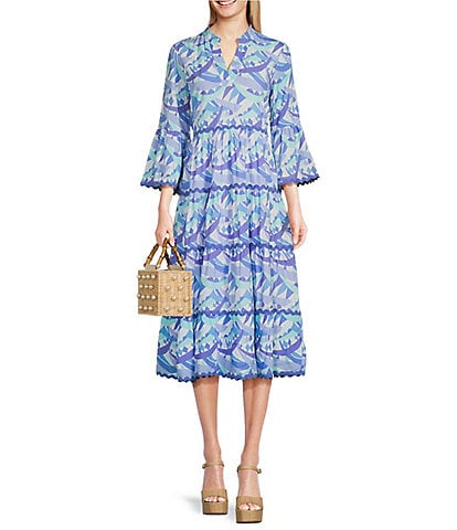 SAIL to SABLE Abstract Print V-Neck 3/4 Sleeve A-line Tiered Midi Dress