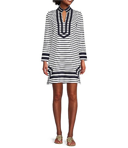 SAIL to SABLE Contrasting Stripe French Terry Mandarin Collar V-Neck Long Sleeve Shift Dress