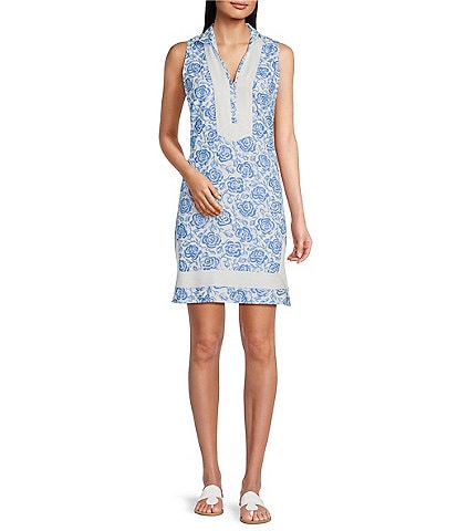 SAIL to SABLE Contrasting Trim Floral Print Collared V-Neck Sleeveless Side Slit Shift Dress