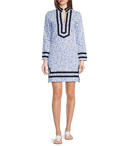 SAIL to SABLE Floral Vine Print French Terry Knit Contrast Trim Mandarin Collar V-Neck Long Sleeve Shift Dress