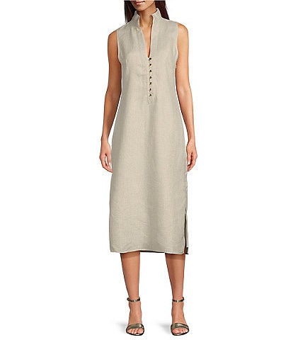 SAIL to SABLE Metallic Linen Stand Collar Sleeveless Side Slit Midi Shirt Dress