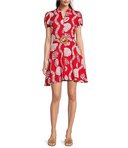 SAIL to SABLE Sea Stripe Print Mandarin Collar Short Puff Sleeve Belted Shirt Dress