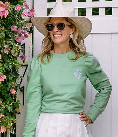 SAIL to SABLE x PALM BEACH LATELY Cotton Knit Tennis Embroidered Long Puff Sleeve Sweatshirt