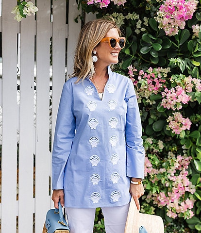 SAIL to SABLE x Palm Beach Lately Embroidered Shell Mandarin V-Neck Long Sleeve Tunic