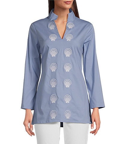 SAIL to SABLE x Palm Beach Lately Embroidered Shell Mandarin V-Neck Long Sleeve Tunic