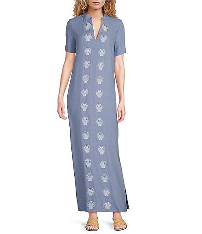SAIL to SABLE x Palm Beach Lately Embroidered Shell Mandarin V-Neck Short Sleeve Caftan Maxi Dress