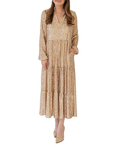 SAIL to SABLE x Style Charade Anne Sequin Split V-Neck Long Sleeve Tiered A-Line Midi Dress