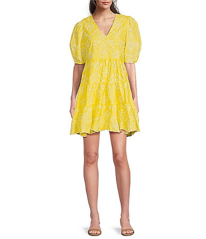 SAIL to SABLE x Style Charade Charlotte Eyelet V-Neck Elbow Sleeve Dress