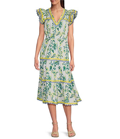 SAIL to SABLE x Style Charade Floral Print V-Neck Flutter Sleeve Midi Dress