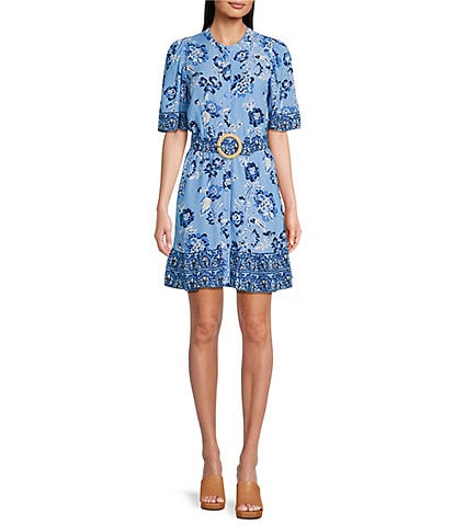 SAIL to SABLE x Style Charade Placid Floral Print Short Sleeve Belted Ruffle Hem Button Front Shirt Dress