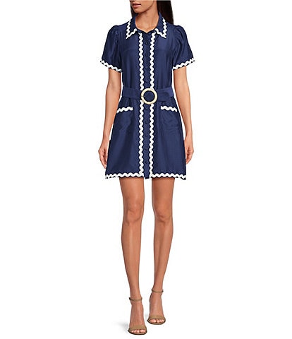 SAIL to SABLE x Style Charade Short Sleeve Scallop Frame Belted Button Front A-Line Shirt Dress