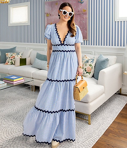 SAIL to SABLE x Style Charade Seersucker V-Neck Short Puff Sleeve Scallop Trim Maxi A-Line Dress