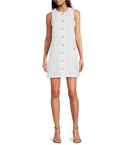 SAIL to SABLE x Style Charade Sleeveless Detachable Eyelet Collar Overlay Pocketed Button Front Shift Dress