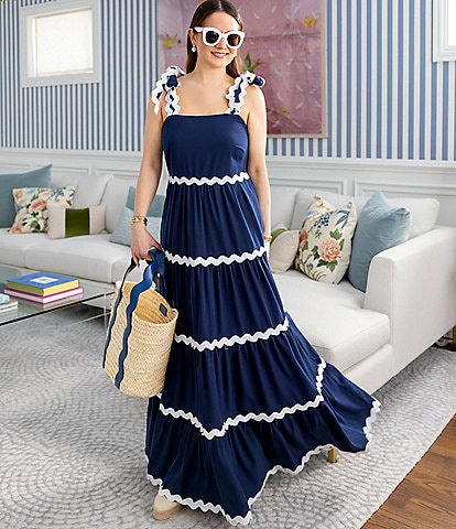 SAIL to SABLE x Style Charade Square Neck Tie Shoulder Strap Scallop Frame Maxi A-Line Dress