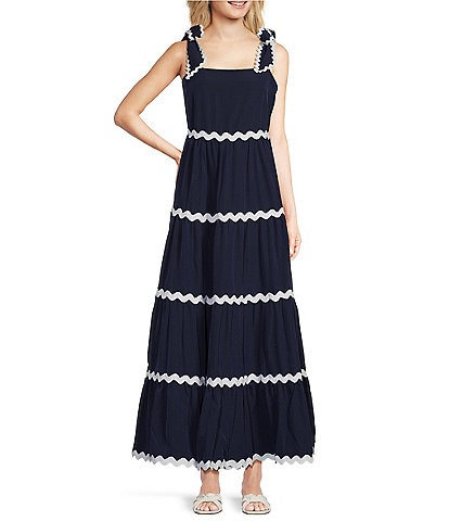 SAIL to SABLE x Style Charade Square Neck Tie Shoulder Strap Scallop Frame Maxi A-Line Dress