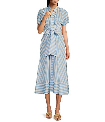 SAIL to SABLE x Style Charade Stripe Button Down Collar Short Sleeve Tie Front Dress