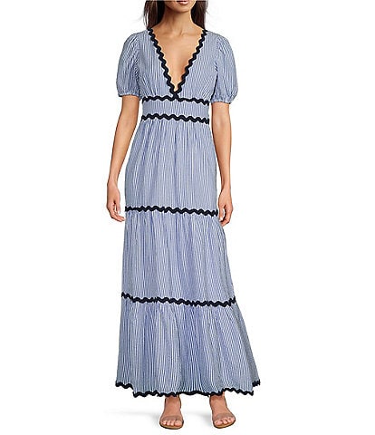 SAIL to SABLE x Style Charade Stripe Print V-Neck Short Sleeve Seersucker Maxi Dress