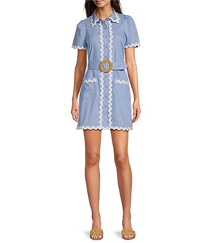 SAIL to SABLE x Style Charade Woven Point Collar Short Sleeve Scallop Frame Button Front A-Line Shirt Dress