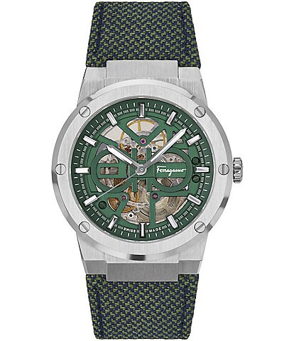 Salvatore Ferragamo Men's F-80 Automatic Limited Edition Skeleton Dial Green Strap Watch