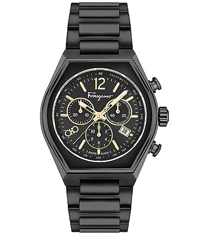 Salvatore Ferragamo Men's Ferragamo Tonneu Chronograph Black Stainless Steel Bracelet Watch
