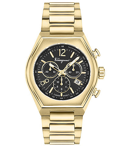 Salvatore Ferragamo Men's Ferragamo Tonneu Chronograph Gold Stainless Steel Bracelet Watch