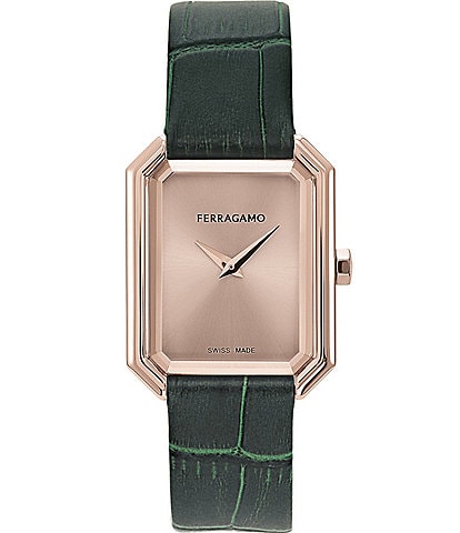 Salvatore Ferragamo Women's Crystal Quartz Analog Green Leather Strap Watch