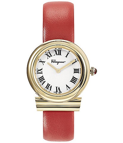 Salvatore Ferragamo Women's Gancini Quartz Analog White Enamel Dial Red Leather Strap Watch