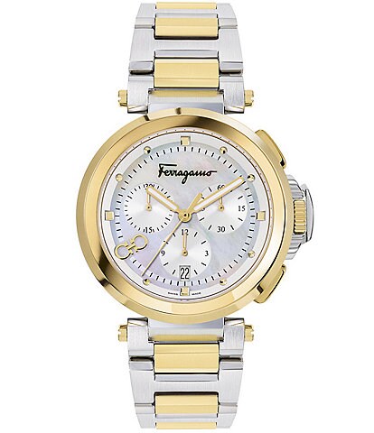 Salvatore Ferragamo Women's Legacy Quartz Chronograph White Mother-of-Pearl Dial Two-Tone Stainless Steel Bracelet Watch