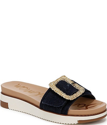 Sam Edelman Ariane Denim Embellished Buckle Platform Slide Sandals