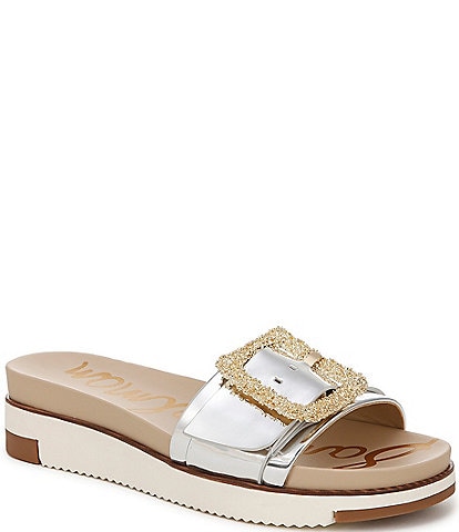 Sam Edelman Ariane Mirror Metallic Embellished Buckle Platform Slide Sandals