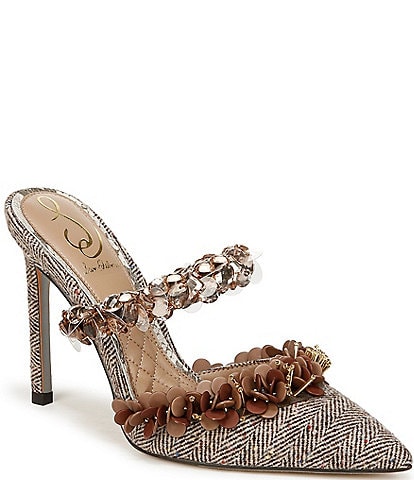 Sam Edelman Athena Herringbone Fabric Embellished Strap Dress Mules