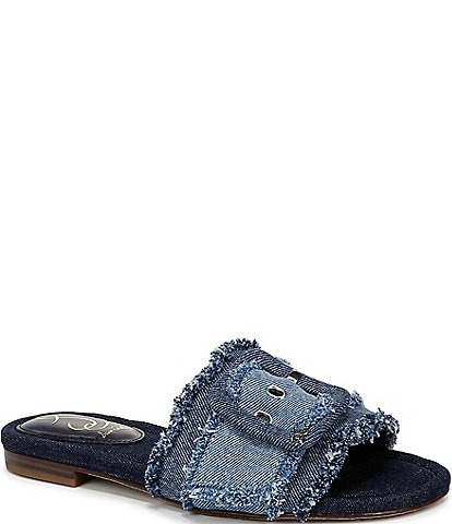 Sam Edelman Bambi Fray Denim Fabric Oversized Buckle Detail Slide Sandals