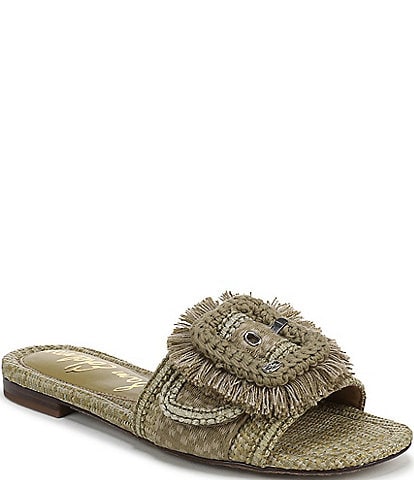 Sam Edelman Bambi Playa Raffia and Fringe Oversized Buckle Slide Sandals