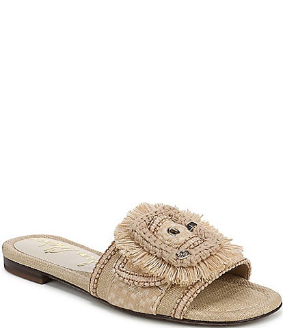 Sam Edelman Bambi Playa Raffia and Fringe Oversized Buckle Slide Sandals