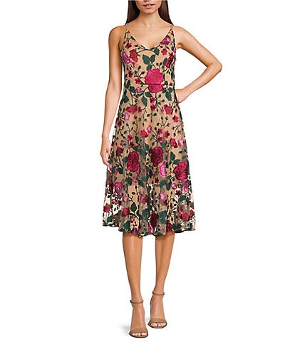 Sam Edelman Floral Embroidered V-Neck Sleeveless Midi A-Line Dress