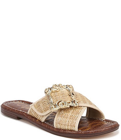 Sam Edelman Gracyn Raffia Embellished Buckle Detail Crisscross Flat Slide Sandals