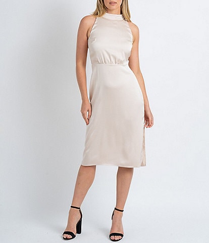 Sam Edelman Hammered Satin Mock Neck Sleeveless Tie Neck Midi Dress